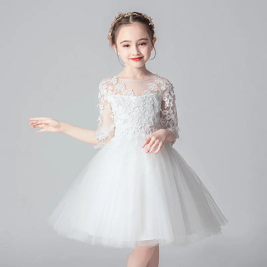 Girls White Lace and Tulle Long Sleeve Floor Length Flower Girl Dress