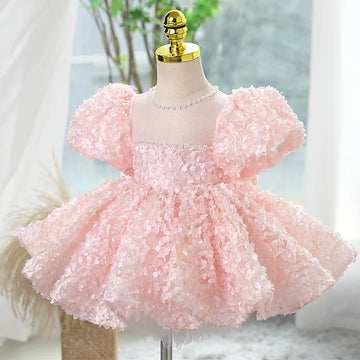 Pink Lace Puff Sleeve Flower Girl Dress with Floral Appliques