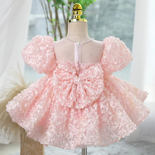 Pink Lace Puff Sleeve Flower Girl Dress with Floral Appliques