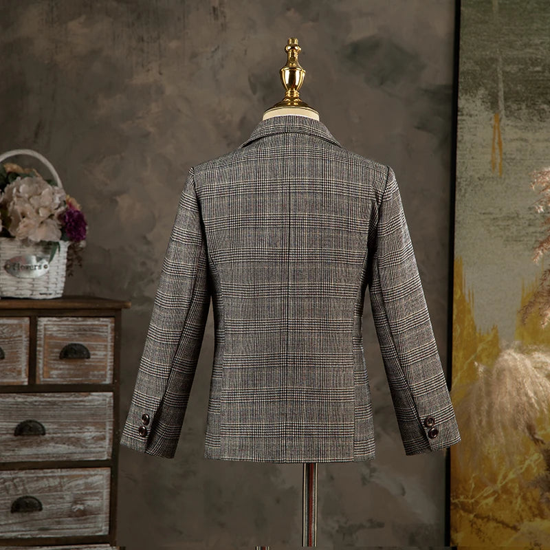 Ensemble de costume formel à carreaux gris pour garçon avec blazer à nœud papillon, gilet et pantalon 