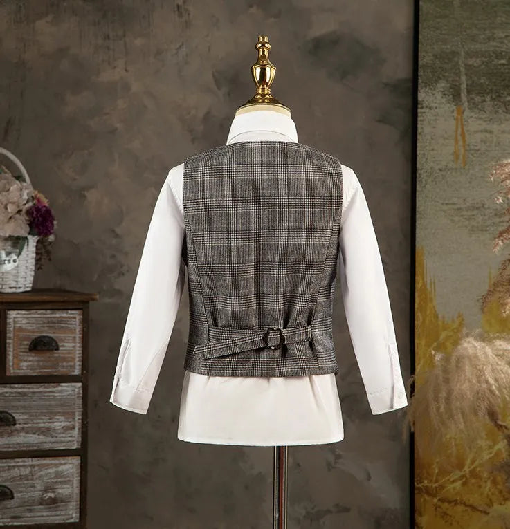 Ensemble de costume formel à carreaux gris pour garçon avec blazer à nœud papillon, gilet et pantalon 