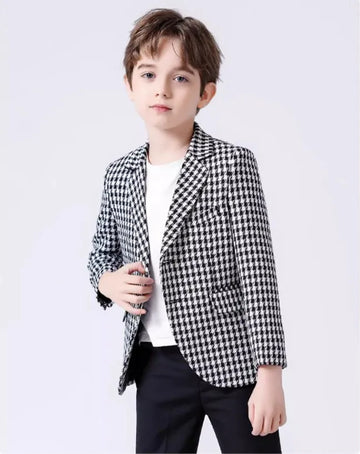 Boys Black White Houndstooth Blazer Fashionable Checkered Jacket