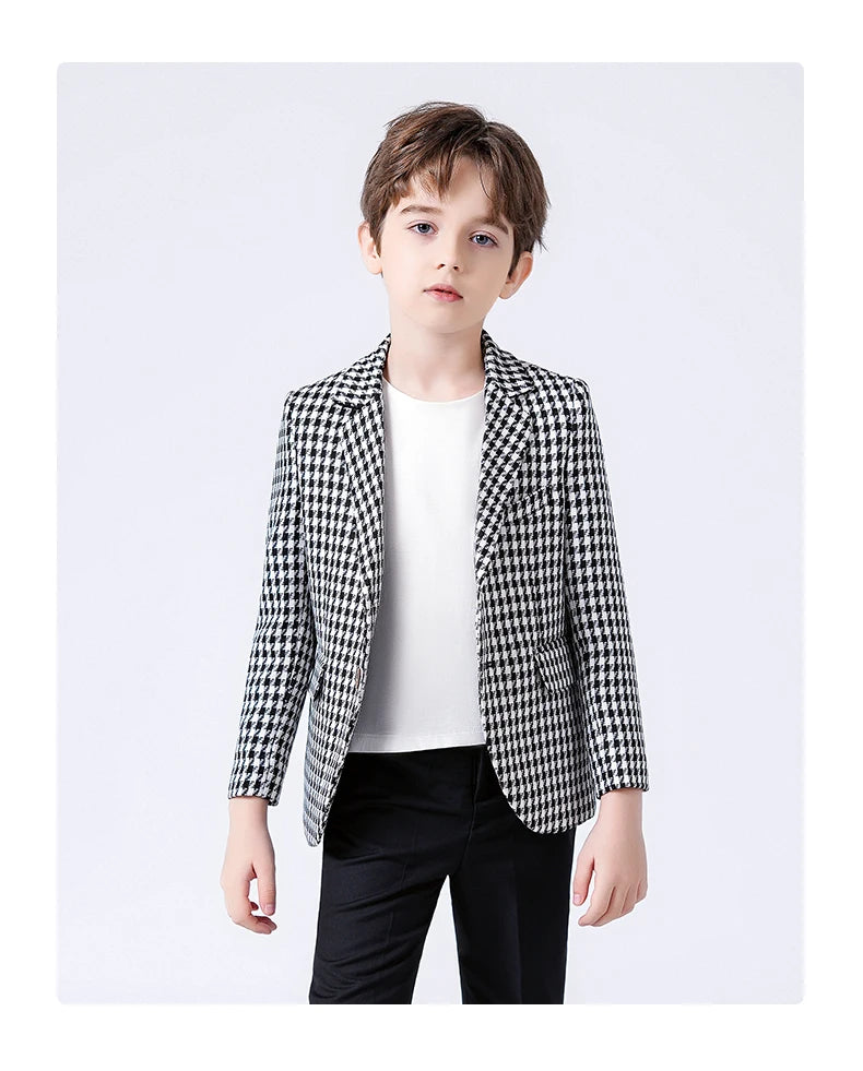 Boys Black White Houndstooth Blazer Fashionable Checkered Jacket