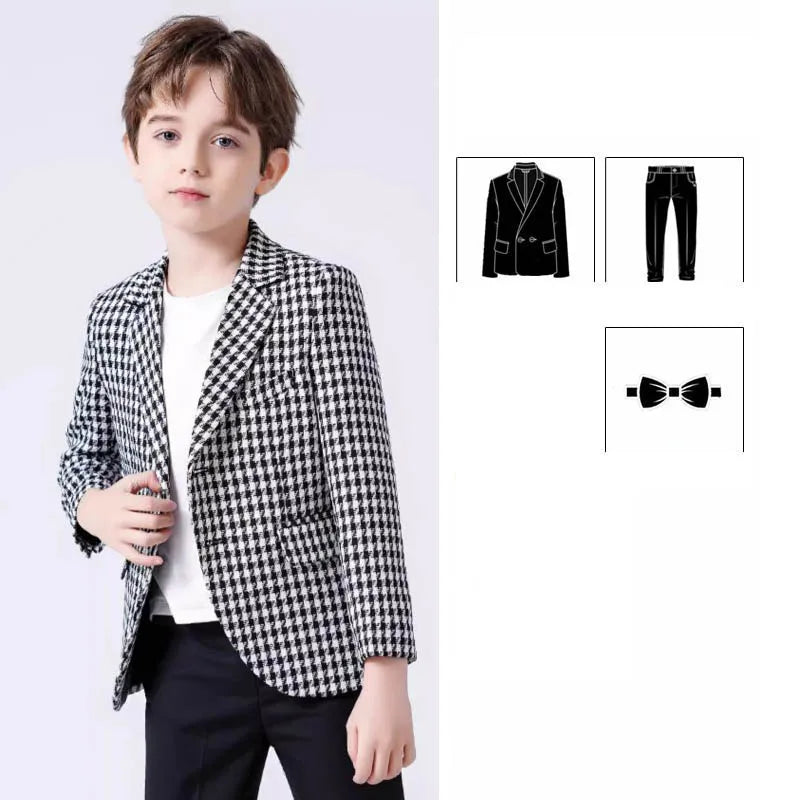 Boys Black White Houndstooth Blazer Fashionable Checkered Jacket