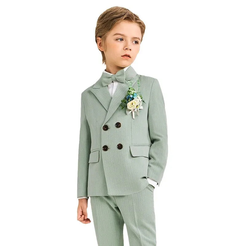 Boys Light Green Double Breasted Suit with Bow Tie and Floral Boutonniere