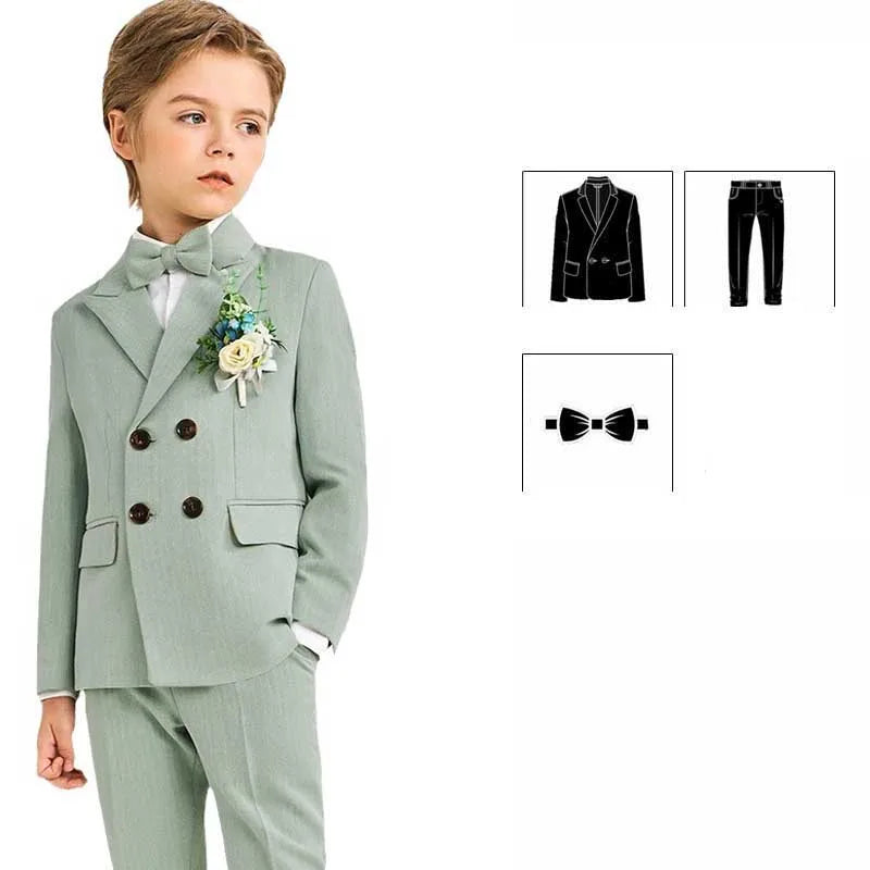 Boys Light Green Double Breasted Suit with Bow Tie and Floral Boutonniere