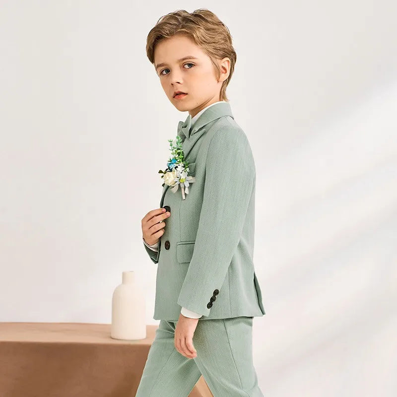 Boys Light Green Double Breasted Suit with Bow Tie and Floral Boutonniere