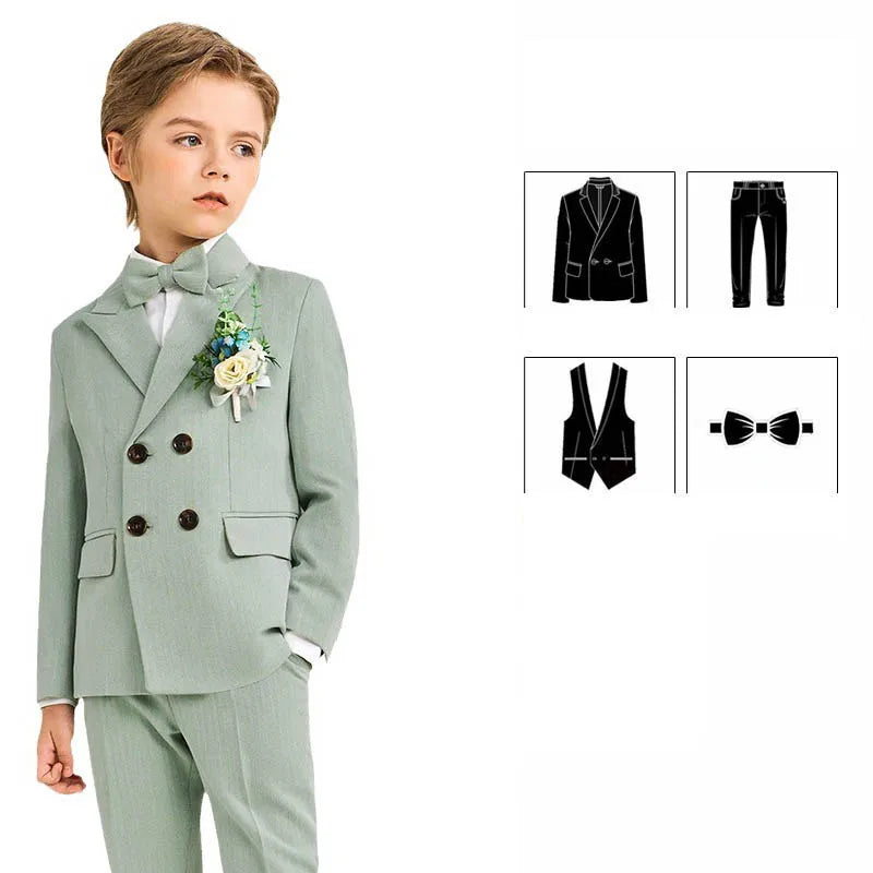 Boys Light Green Double Breasted Suit with Bow Tie and Floral Boutonniere