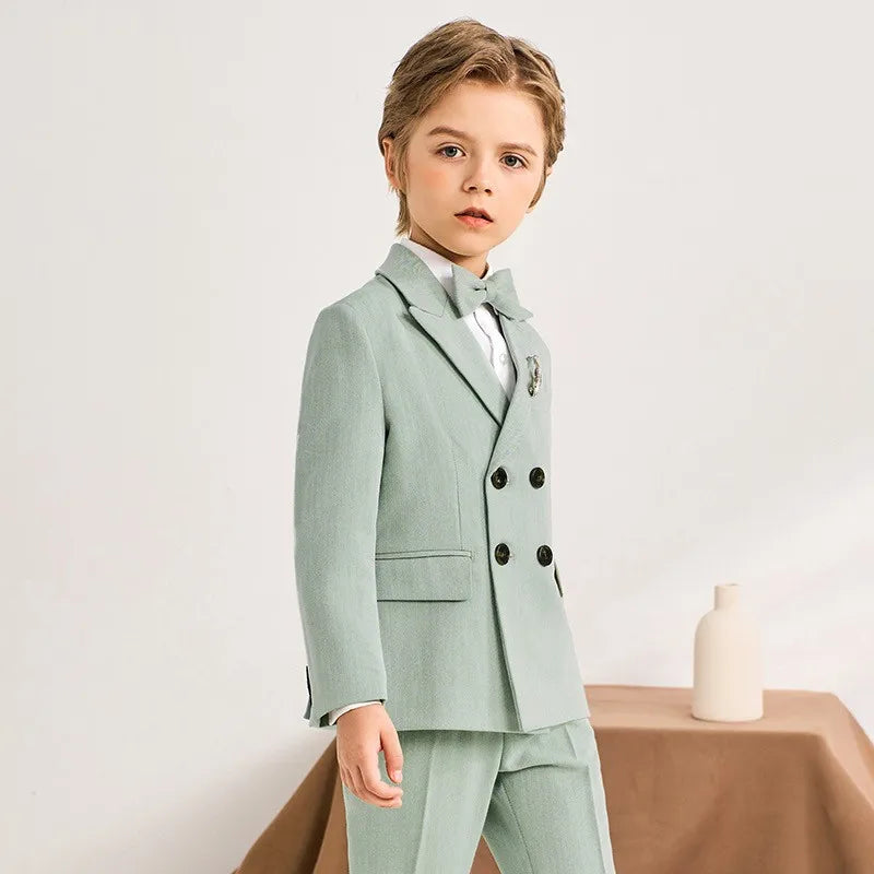 Boys Light Green Double Breasted Suit with Bow Tie and Floral Boutonniere