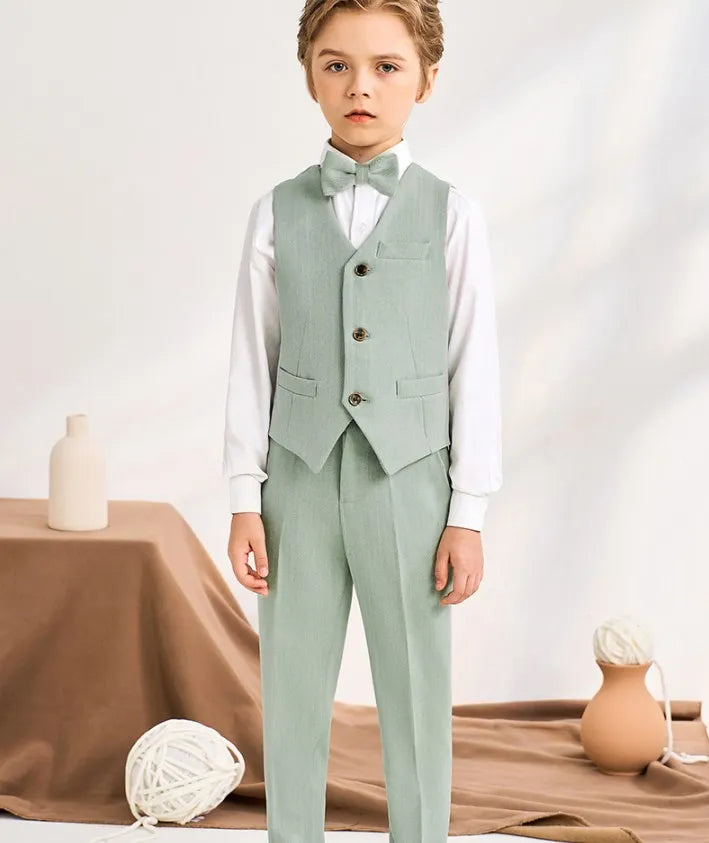 Boys Light Green Double Breasted Suit with Bow Tie and Floral Boutonniere