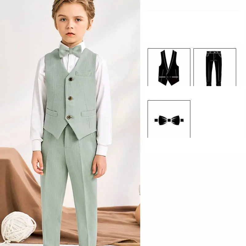 Boys Light Green Double Breasted Suit with Bow Tie and Floral Boutonniere