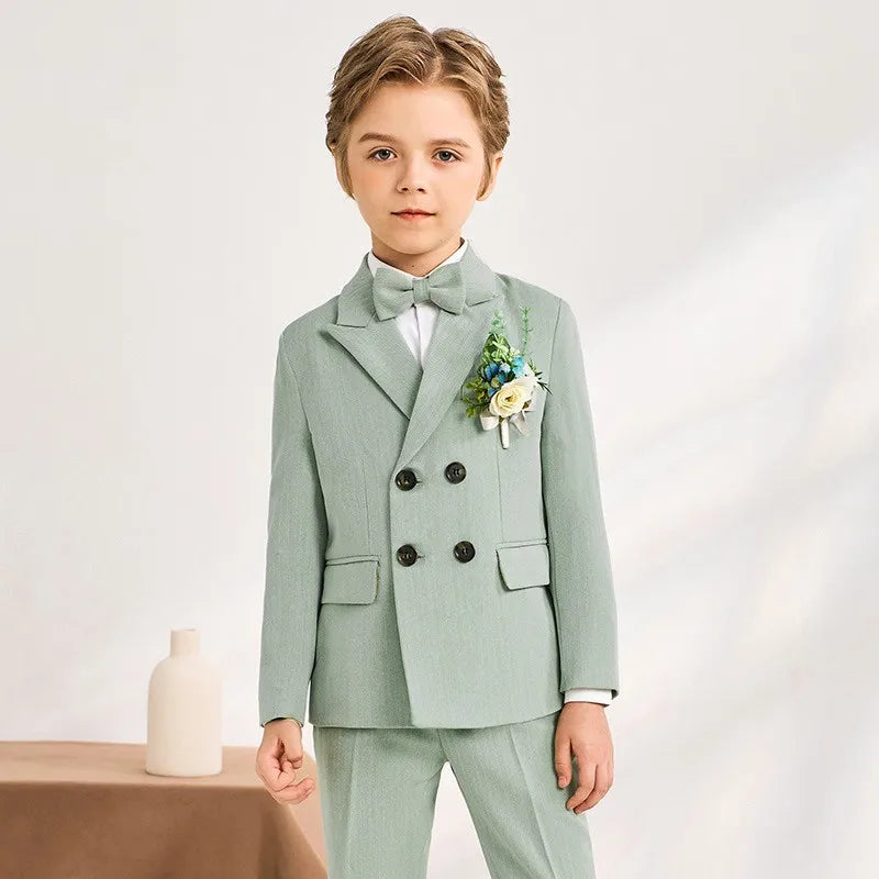 Boys Light Green Double Breasted Suit with Bow Tie and Floral Boutonniere