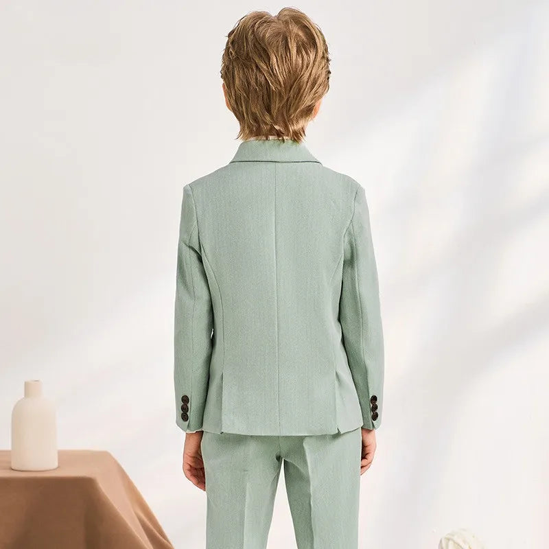 Boys Light Green Double Breasted Suit with Bow Tie and Floral Boutonniere