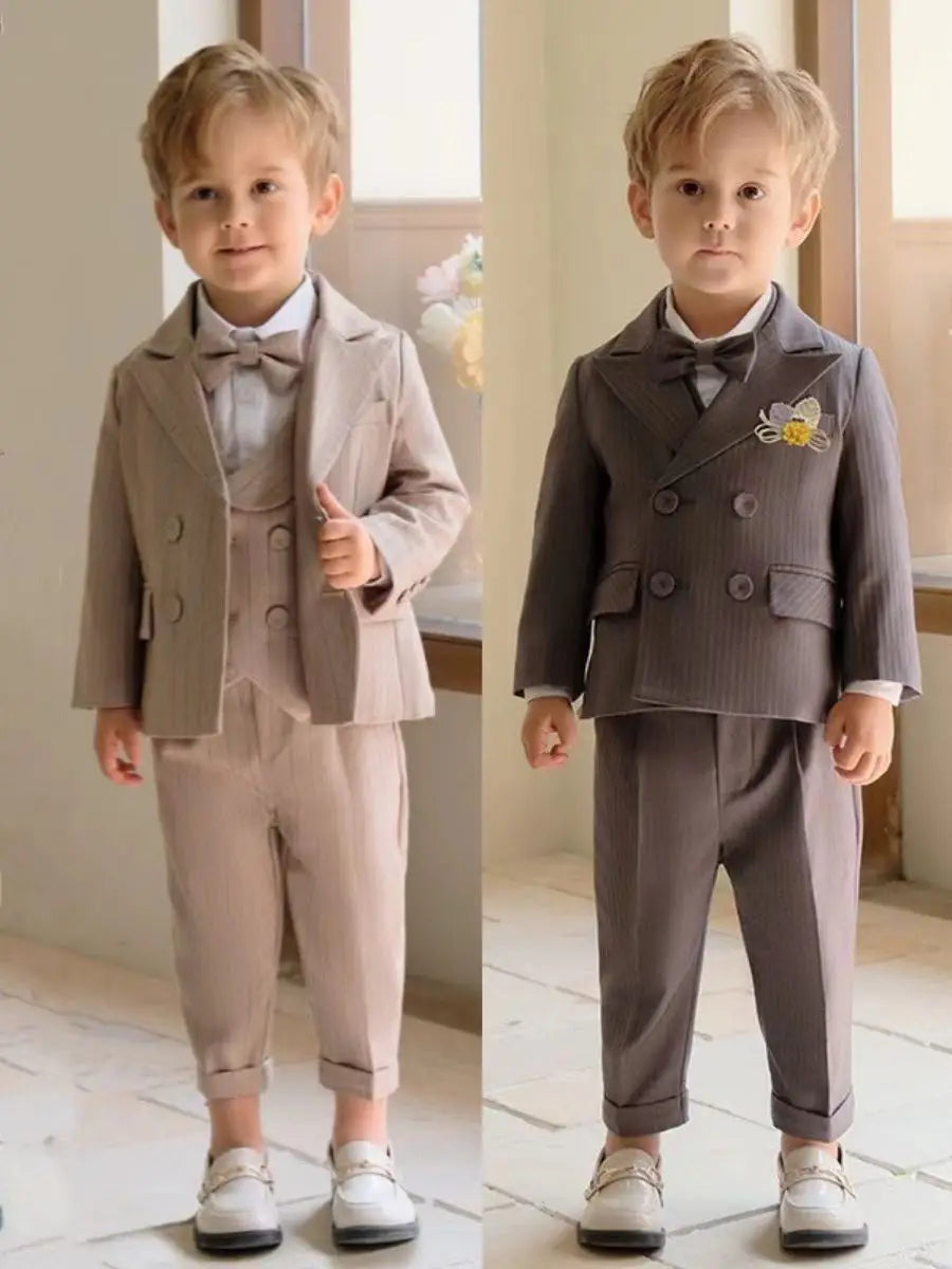 Toddler Boys Double Breasted Suit Set with Bow Tie and Dress Pants