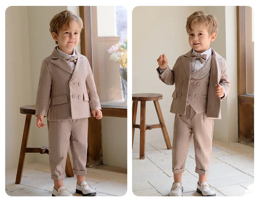 Toddler Boys Formal Suit Set with Shirt and Bow Tie 4 Piece outfit with Vest Jacket Shorts and Pants in Beige