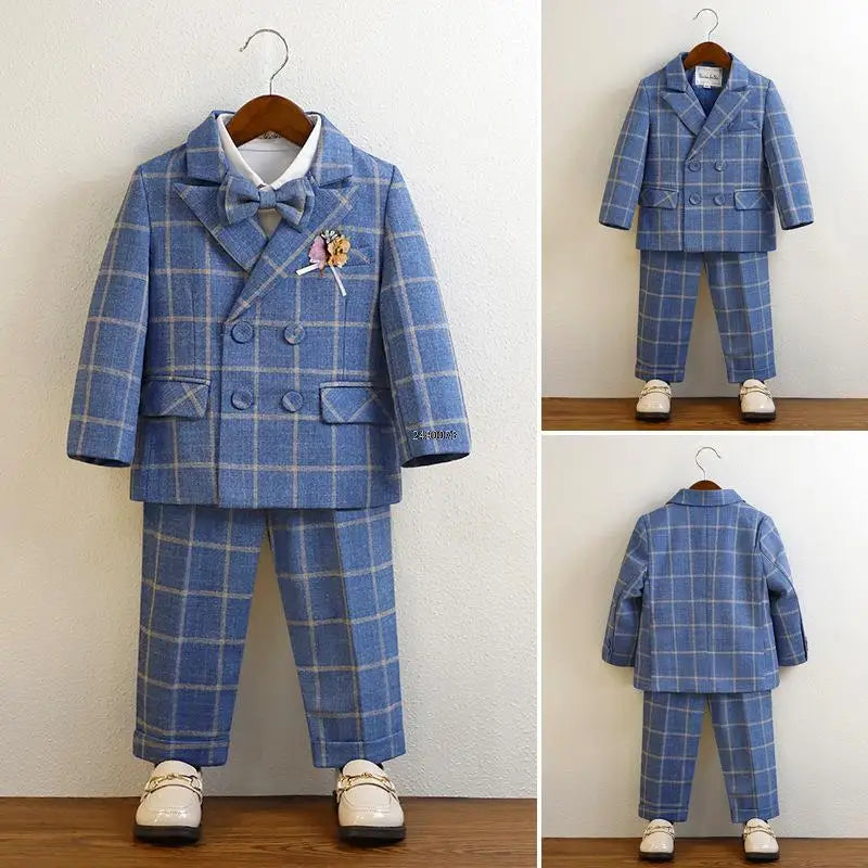Boys Blue Plaid Double Breasted Suit with Bow Tie and Pocket Square Set