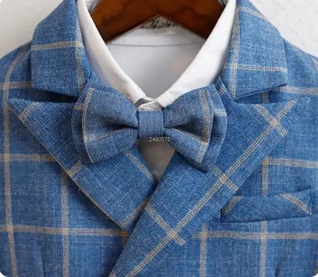 Boys Blue Plaid Double Breasted Suit with Bow Tie and Pocket Square Set