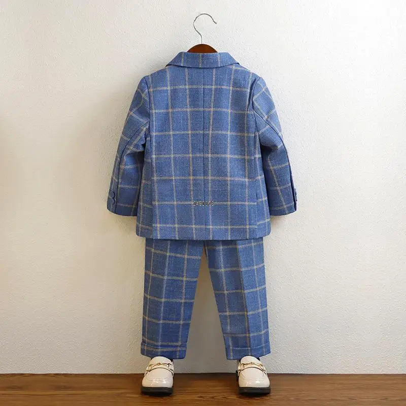 Boys Blue Plaid Double Breasted Suit with Bow Tie and Pocket Square Set