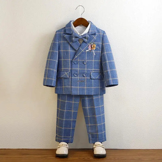 Boys Blue Plaid Double Breasted Suit with Bow Tie and Pocket Square Set