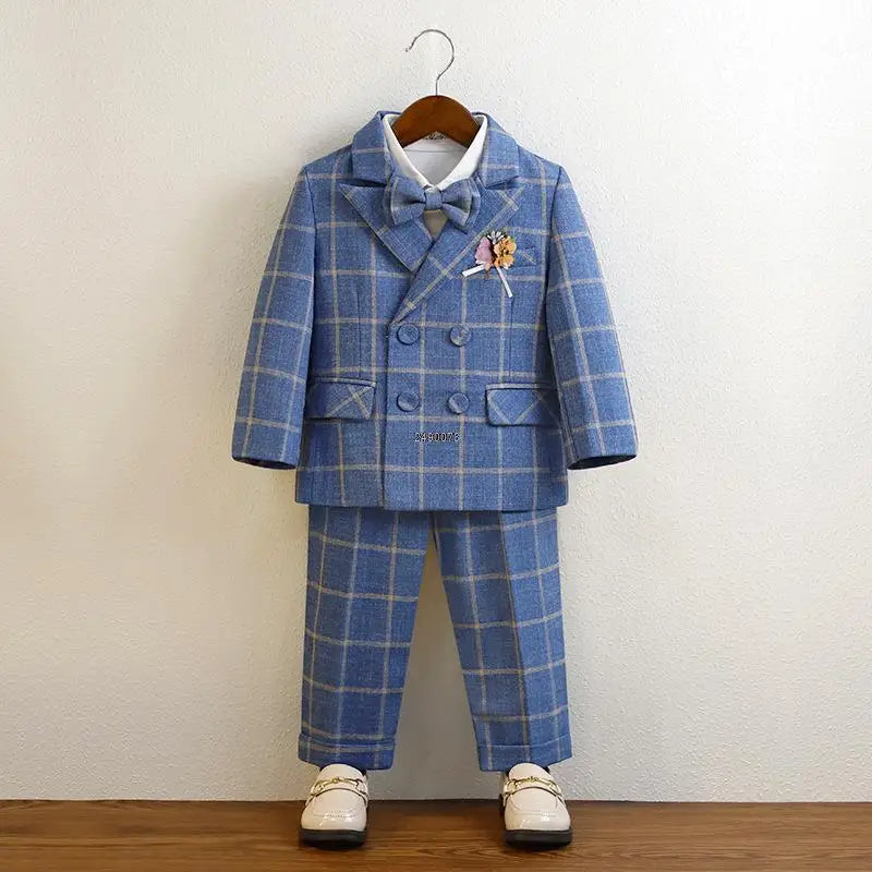 Boys Blue Plaid Double Breasted Suit with Bow Tie and Pocket Square Set