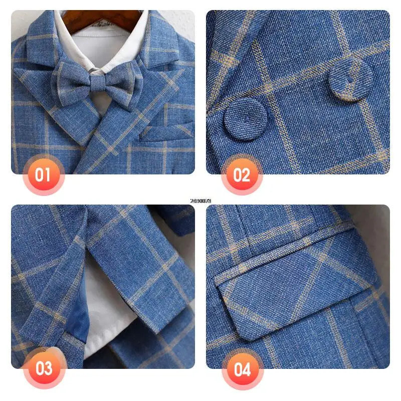 Boys Blue Plaid Double Breasted Suit with Bow Tie and Pocket Square Set