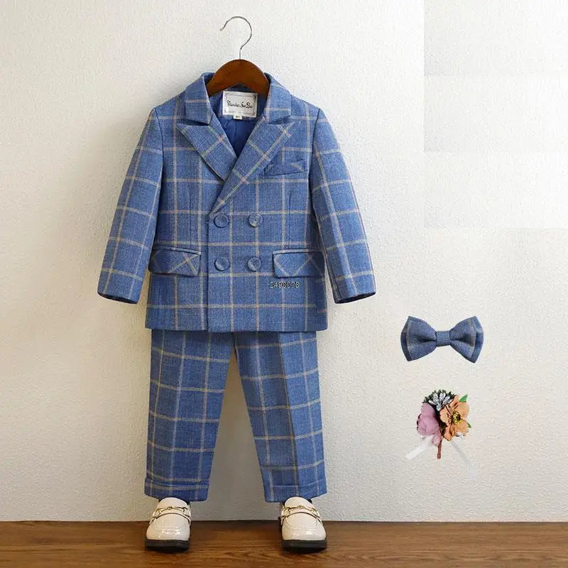 Boys Blue Plaid Double Breasted Suit with Bow Tie and Pocket Square Set