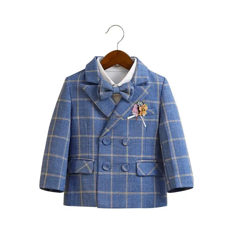 Boys Blue Plaid Double Breasted Suit with Bow Tie and Pocket Square Set