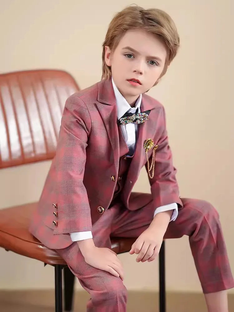 Boys Plaid Three Piece Suit with Bow Tie and Gold Chain Detailing