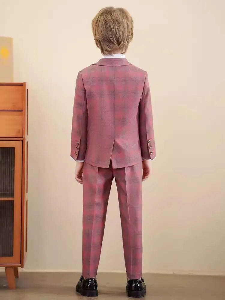 Boys Plaid Three Piece Suit with Bow Tie and Gold Chain Detailing