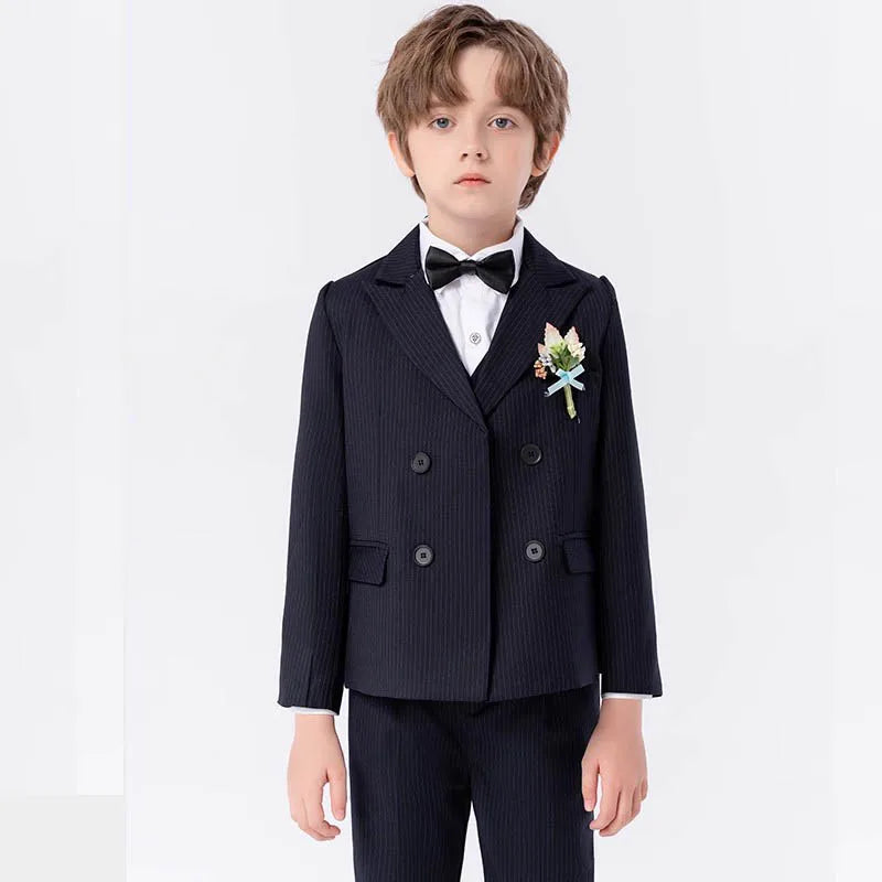 Boys Classic Black Pinstripe Formal Suit with Bow Tie and Boutonniere
