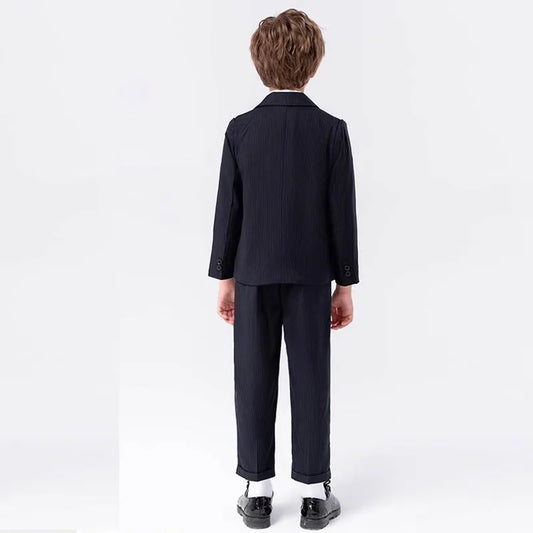 Boys Classic Black Pinstripe Formal Suit with Bow Tie and Boutonniere