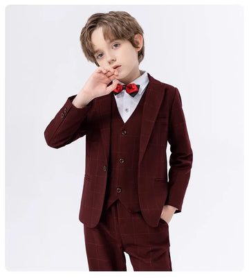 Boys Elegant Three Piece Wine Red Plaid Suit with Bow Tie