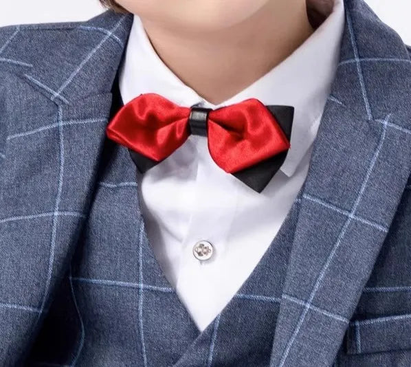 Boys Elegant Three Piece Wine Red Plaid Suit with Bow Tie