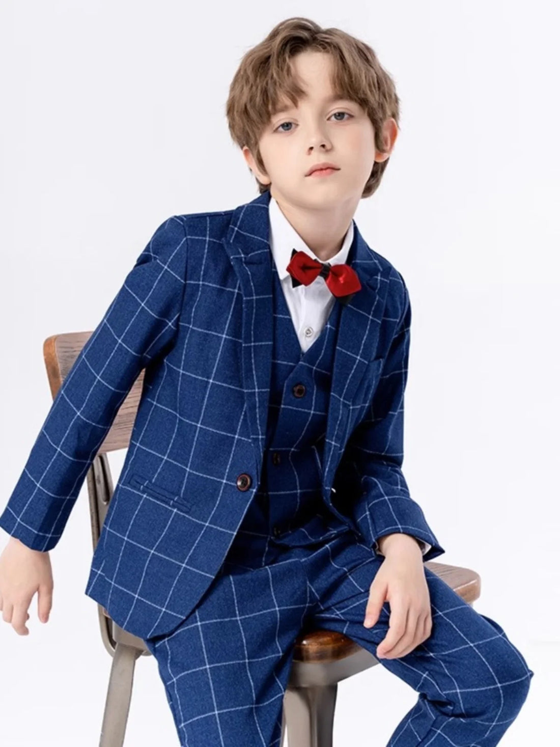 Boys Elegant Three Piece Wine Red Plaid Suit with Bow Tie