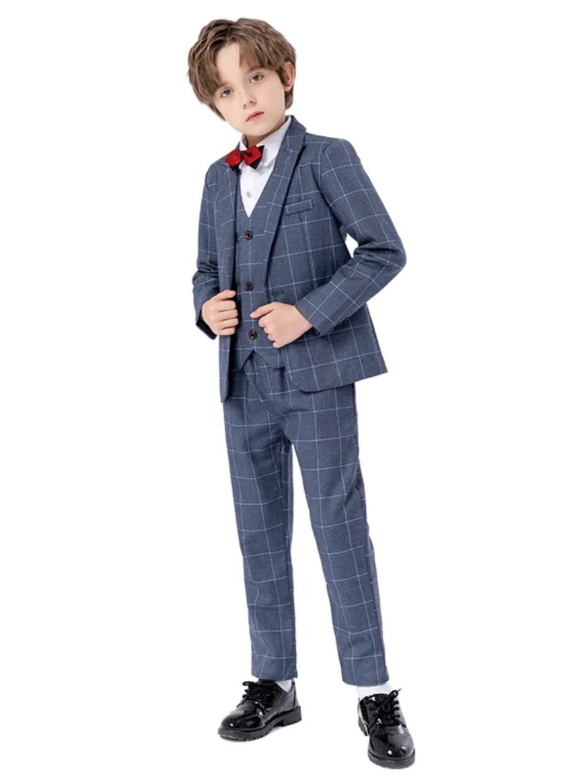 Boys Elegant Three Piece Wine Red Plaid Suit with Bow Tie