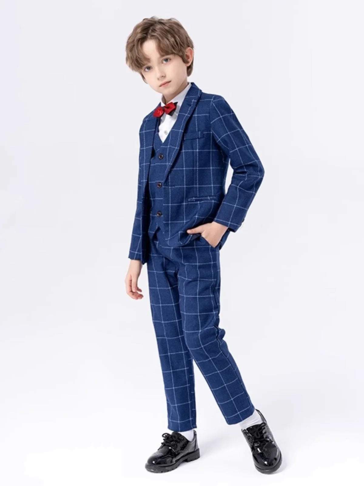 Boys Elegant Three Piece Wine Red Plaid Suit with Bow Tie