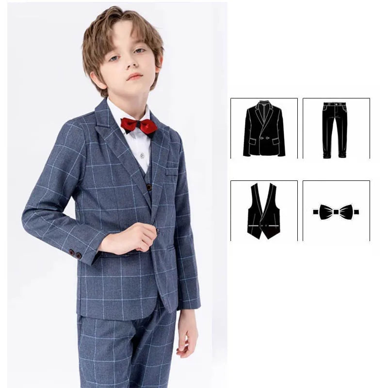 Boys Elegant Three Piece Wine Red Plaid Suit with Bow Tie