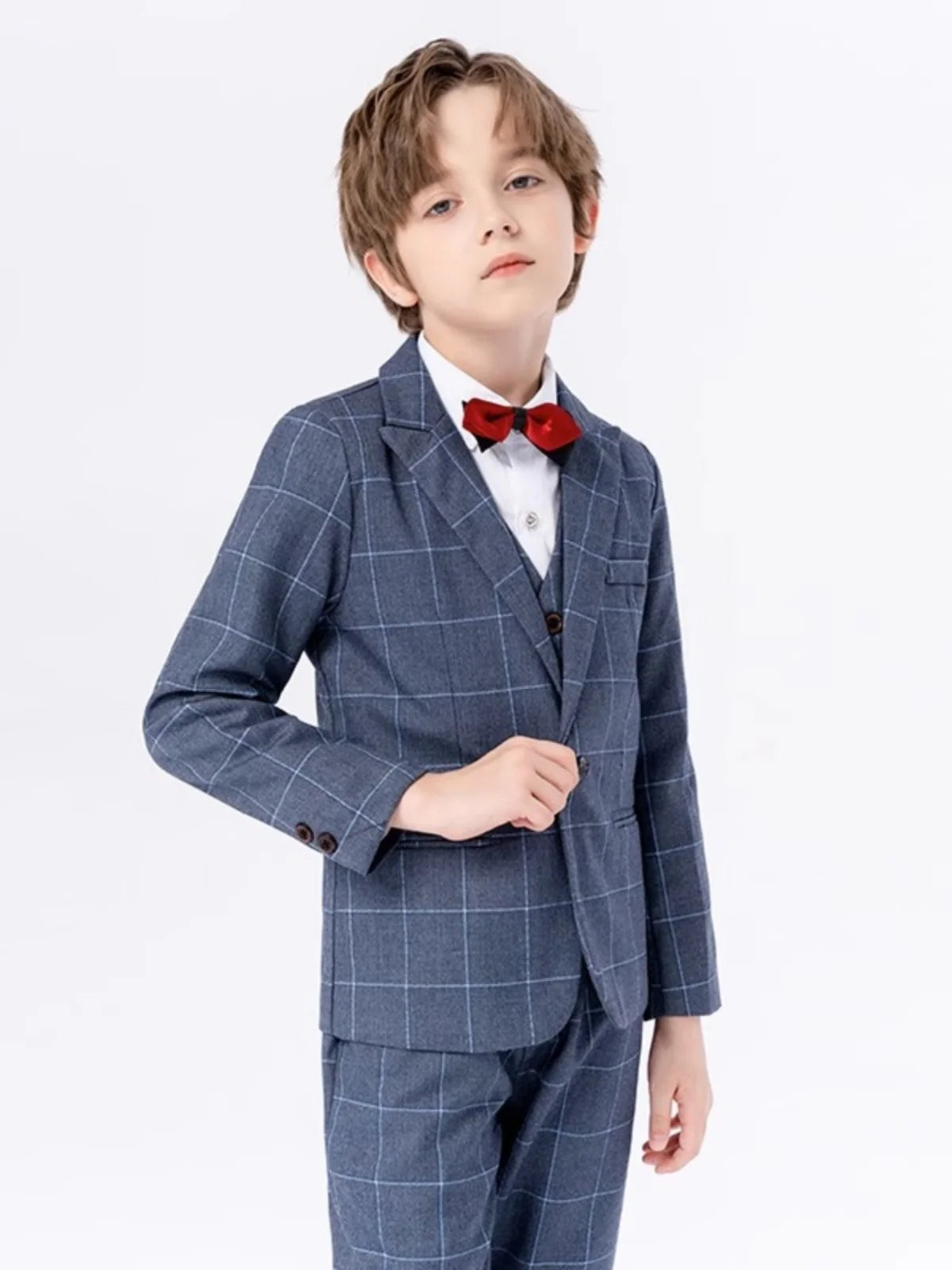 Boys Elegant Three Piece Wine Red Plaid Suit with Bow Tie