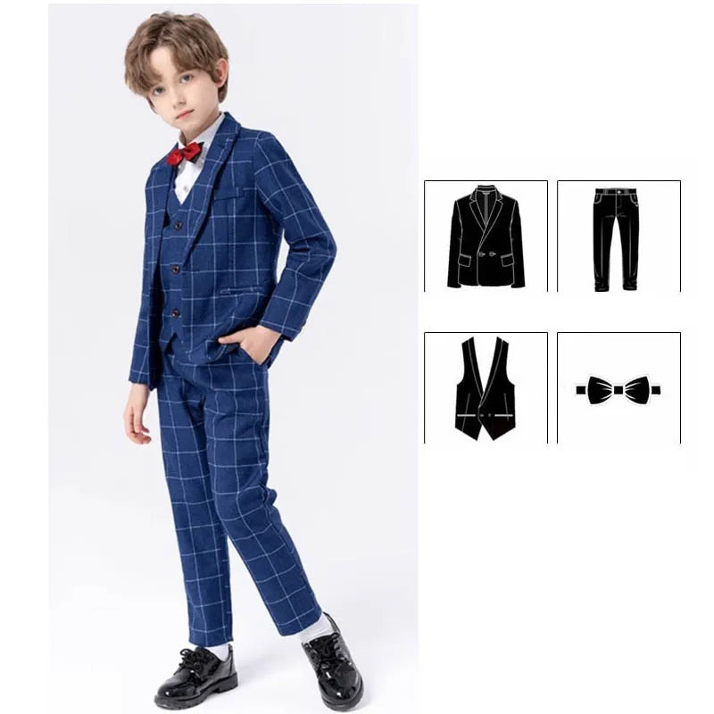 Boys Elegant Three Piece Wine Red Plaid Suit with Bow Tie