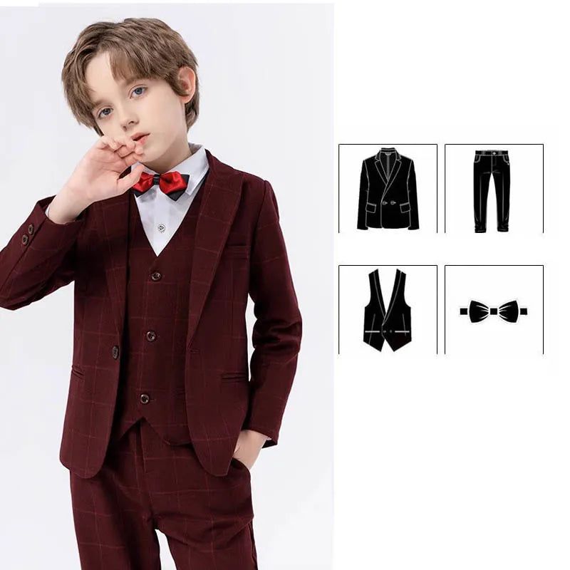 Boys Elegant Three Piece Wine Red Plaid Suit with Bow Tie