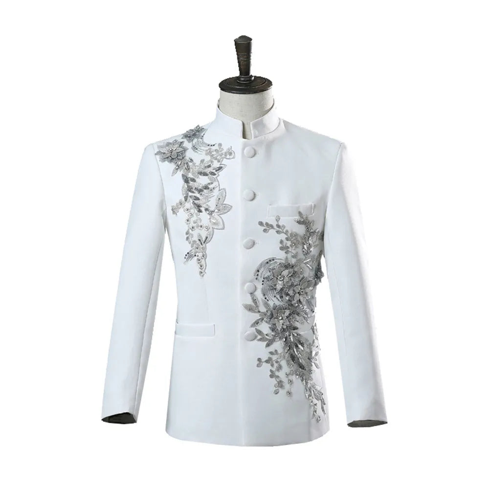 Tunique homme col mandarin blanc noir appliqué blazer pour mariage banquet cérémonie