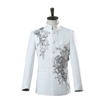 Tunic Men Mandarin Collar White Black Appliqued Blazer for Wedding Banquet Ceremony