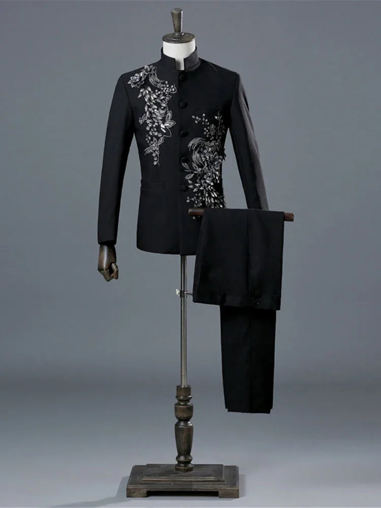 Tunic Men Mandarin Collar White Black Appliqued Blazer for Wedding Banquet Ceremony