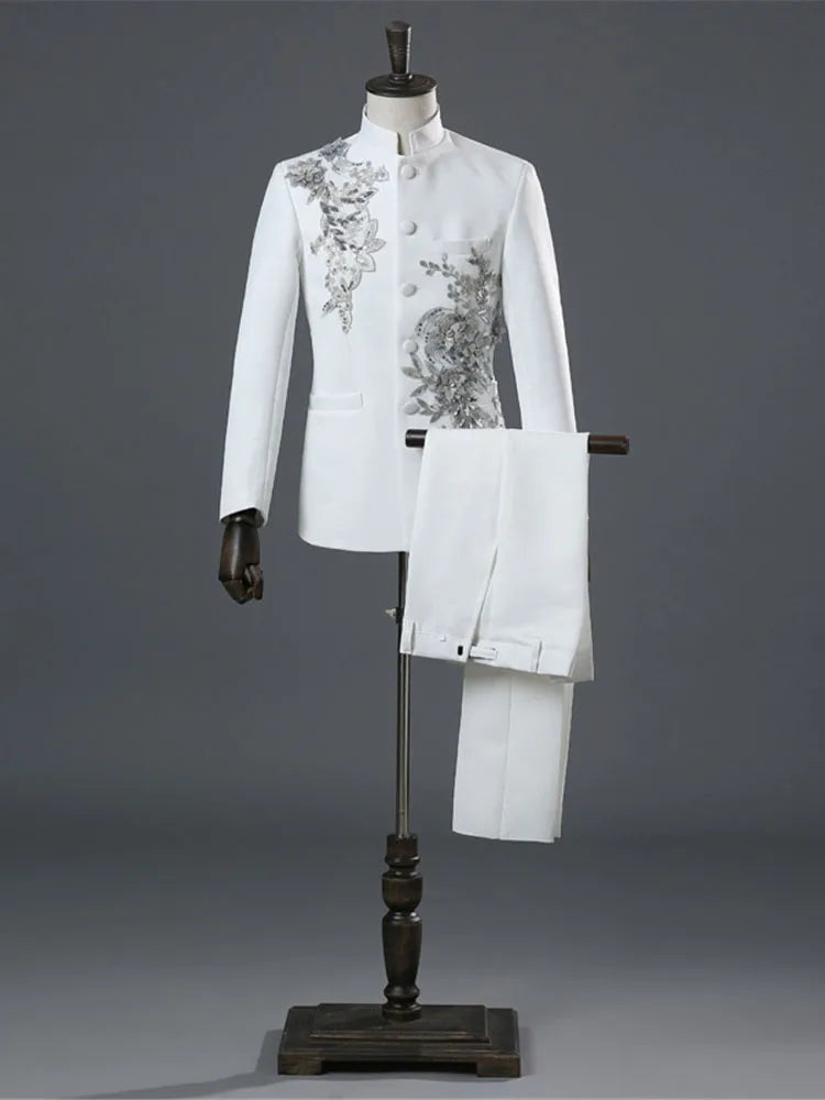 Tunic Men Mandarin Collar White Black Appliqued Blazer for Wedding Banquet Ceremony