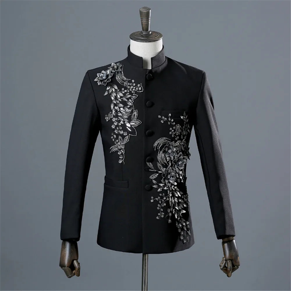 Tunic Men Mandarin Collar White Black Appliqued Blazer for Wedding Banquet Ceremony