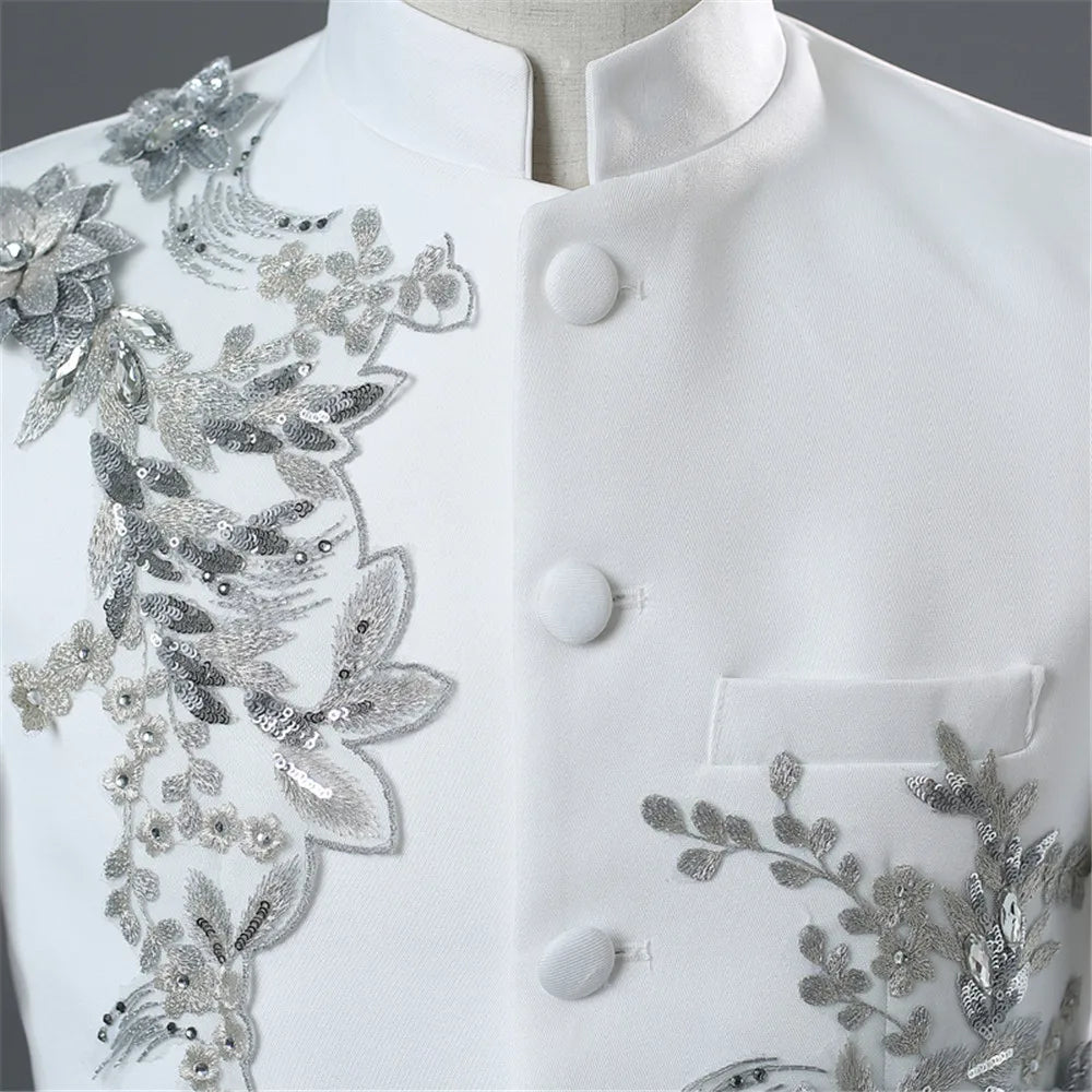 Tunic Men Mandarin Collar White Black Appliqued Blazer for Wedding Banquet Ceremony