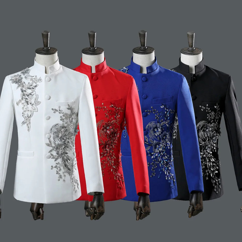 Tunic Men Mandarin Collar White Black Appliqued Blazer for Wedding Banquet Ceremony