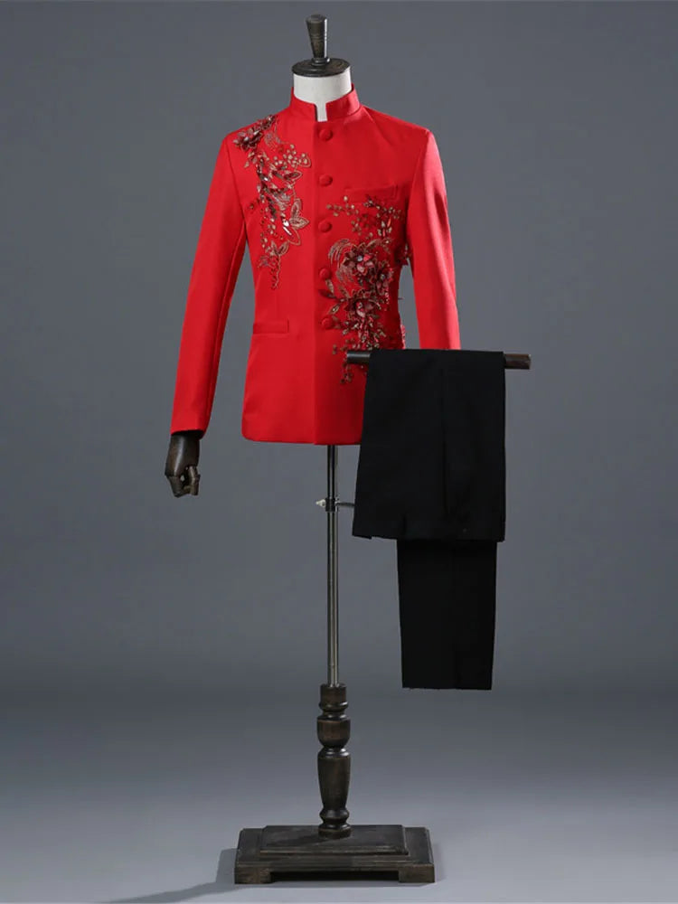 Tunic Men Mandarin Collar White Black Appliqued Blazer for Wedding Banquet Ceremony