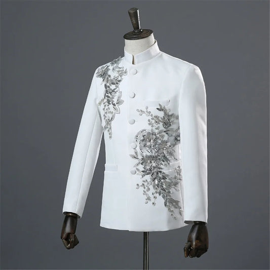 Tunic Men Mandarin Collar White Black Appliqued Blazer for Wedding Banquet Ceremony