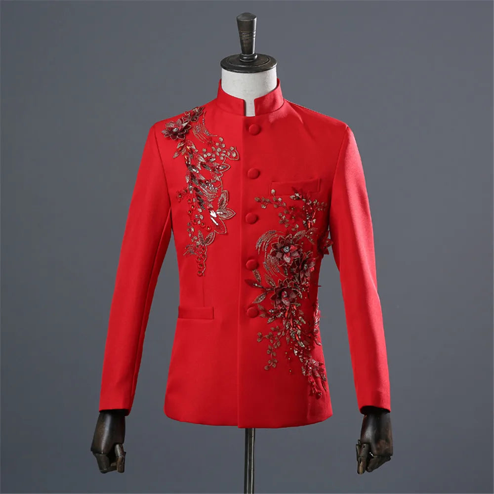 Tunic Men Mandarin Collar White Black Appliqued Blazer for Wedding Banquet Ceremony